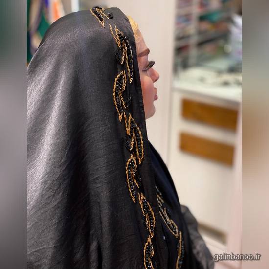 مدل روسری مشکی مجلسی شیک 2023; ساده و کاردست بسیار زیبا